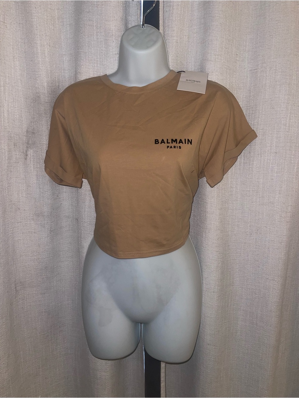 Balmain Paris Cropped Tee in Camel Brown